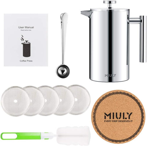 Miuly French Press 34oz, Double Insulated 304 Stainless Steel Coffee Press with 5 Extra Filters and 3 Additional Coffee