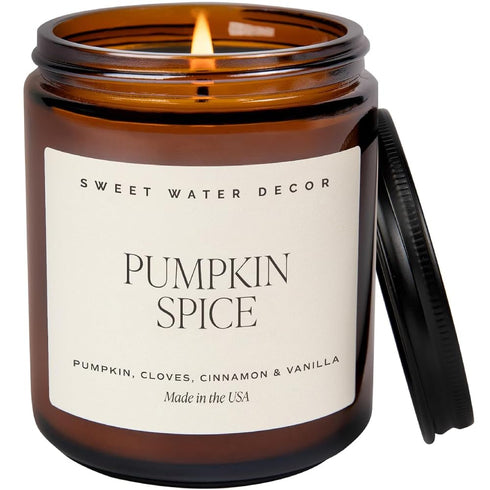 Sweet Water Decor Pumpkin Spice Candle | 9oz Amber Jar with Black Lid, Scented Candles of Pumpkin, Cloves, Buttercream,