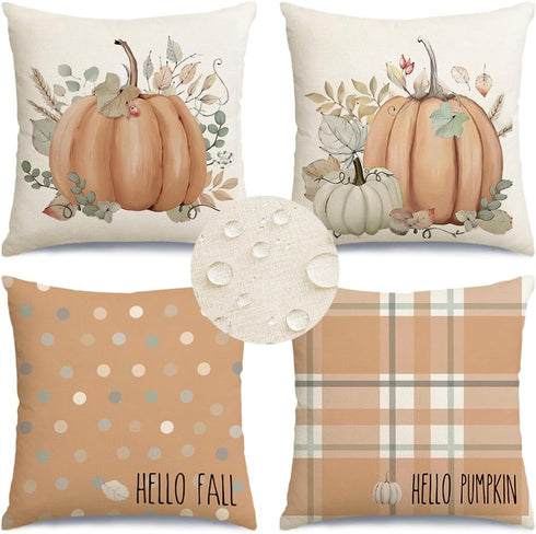 RABUSOFA Outdoor Fall Decor Pillow Covers 18x18 Inch, Waterproof Pumpkin Pillow Cases Set of 4, Thanksgiving