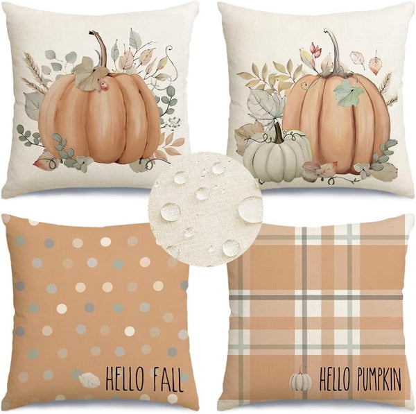 RABUSOFA Outdoor Fall Decor Pillow Covers 18x18 Inch, Waterproof Pumpkin Pillow Cases Set of 4, Thanksgiving