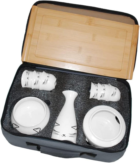 Roksol Chef 10pcs Set 1 1 1 1 6 Ceramic Sake Cups with Warmer Pot Bamboo Tray, Traditional Porcelain Pottery Hot Saki