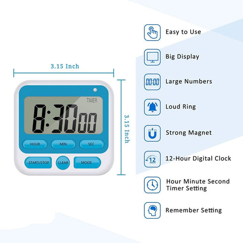 24-Hours Digital Kitchen Timer, Upgraded 12-Hour Display Clock, Big Digits, Loud Alarm, Count-Up & Count Down, 4 Pack