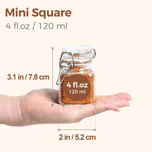 Set 12 (4 Oz), ComSaf of Square Glass Spice Jars with Airtight Lids Mini Favor Jars with Wire Clamp for Honey, Herbs