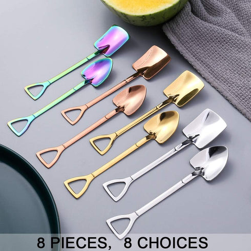 8Pcs Shovel Shape Stainless Steel Spoon Set, Exquisite Box, Dessert, Ice Cream, 4 Colors