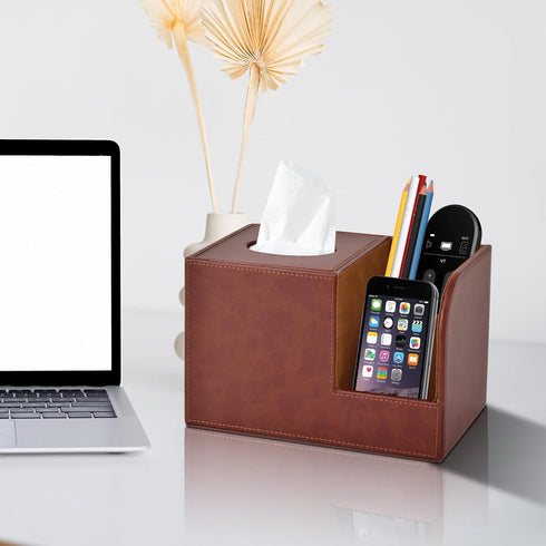 PU Leather Square Tissue Box Cover, Multifunctional Holder for Tissue and Remote Control, Decorative Desk Organizer,