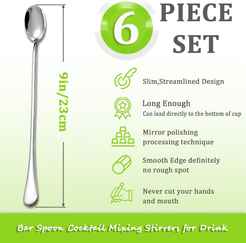 Long Handle Iced Tea Spoon, 9-inch Stainless Steel Cocktail Mixing Stirrers Spoon Coffee Spoon Ice Cream Spoon Bar Cocktail Shaker Spoon Stirrers for Drink (Silver)