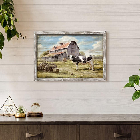 Rustic Barn Framed Wall Art: Vintage Rural Scene Artwork, Farm Cow Print, Wooden Painting for Living Room Bedroom