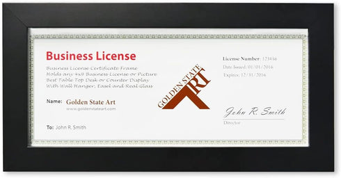 Golden State Art Wood Frame for 4x9 Business License Certificate with Real Glass & Table-top Display, Black