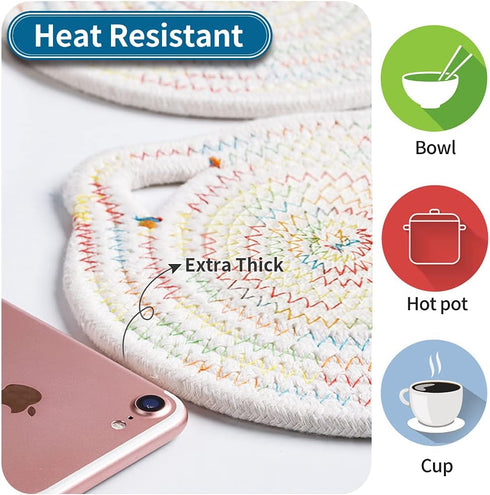 7" Cotton Trivets Set, 3Pcs Cute Cat Ear Pot Holders, Thick Heat Resistant Mats for Hot Pots and Pans, Blue