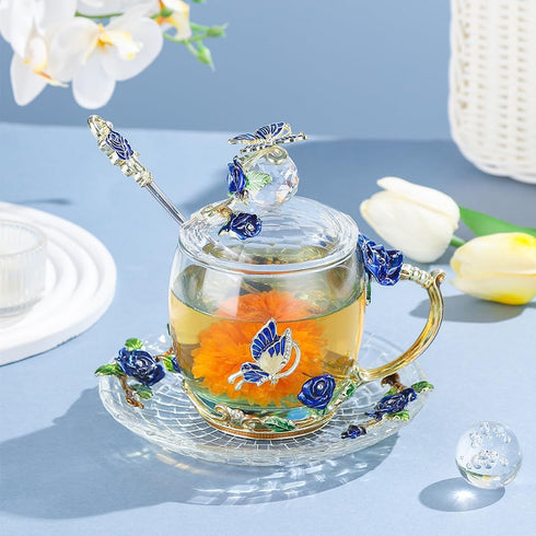 Glass Coffee Mug, Antique Birthday Christmas Gift for Women, Mom, Sister, Girlfriend, Flower Butterfly Cup (Tall Blue)