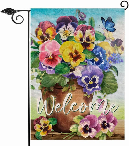 Welcome Spring Pansy Floral Garden Flag, 12 x 18 Inch Double Sided Small Decor for Outdoor Summer Holiday