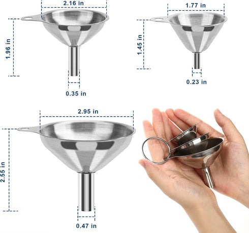 3pcs Small Kitchen Funnels for Filling Bottles, Food Grade Metal, Stainless Steel Funnels for Essential Oils, Spices