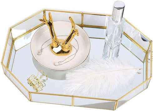 Large Mirror Gold Tray, Rectangle Metal Makeup Decorative Tray, Perfume Glass Jewelry Organizer for Vanity, Bathroom,