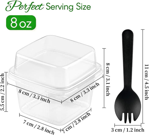 8 oz 50 Sets, Zezzxu Dessert Cups with Lids and Spoons, Square Plastic Dessert To-Go Containers with Dome Lids & Sporks
