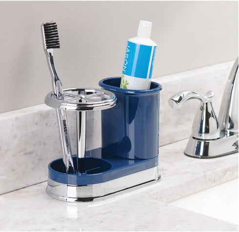 mDesign Decorative Bathroom Dental Storage Organizer for Electric Spin Toothbrush/Toothpaste - Navy Blue/Chrome