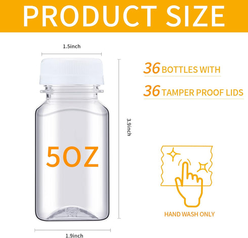 36 Pack 5 oz Nuogo Plastic Juice Bottles Bulk with Lids Reusable Transparent Clear Drink Containers Caps Mini Bulk