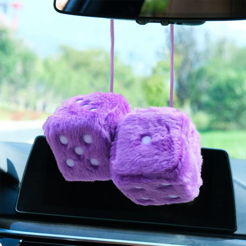 Pair of Retro 3 inch Fuzzy Plush Dice with Dots, Car Mirror Hanging Decoration, Purple