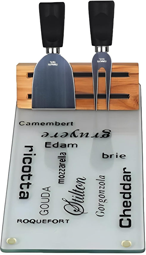 Unique Tempered Glass Cheese/Charcuterie Board Gift Set, 3 Piece Stainless Steel Knife, Fork with Magnetic Handle