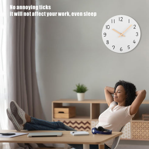 Plumeet 10'' Wooden Wall Clock (White) Small Frameless Clocks with Silent Quartz Movement, Battery Operated