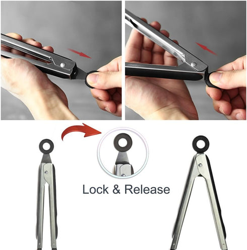 Cooking Tongs, 9 inches and 12 inches Stainless Steel Kitchen Silicone Serving Tong with Locking Handle