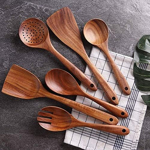 Mango Wooden Utensils Set of 6, Soft Comfort-Grip Non-Stick Cooking Spoons