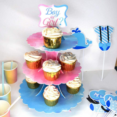 Gender Reveal Cupcake Stand, 3 Tier Cardboard Cake Stand for Blue and Pink Party Decorations