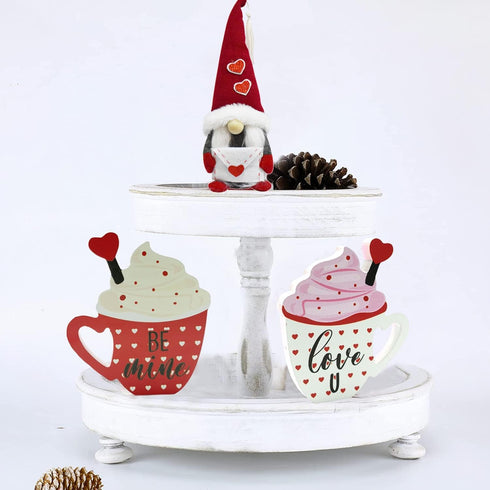 2 Pieces Double Side Wooden Coffee Sign for Valentines Day, Coffee Cup Tabletop Decoration for Holidays