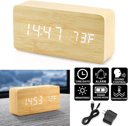OCT17 Wooden Digital Alarm Clock - Multi-Function LED with USB Power Supply, Voice Control, Timer