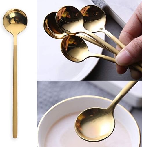 6 Pcs Stainless Steel Coffee Spoons, Round Dessert Spoons, Long Handle Spoons for Hot Chocolate, Ice Tea, Latte