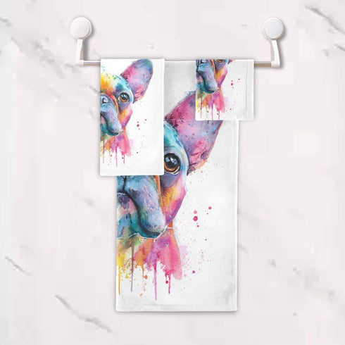 Set 3 Sets Pfrewn French Bulldog Puppy Towels of Watercolor Dog Colorful Art Bathroom Towel Soft Absorbent Bath Hand