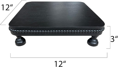 dwellington 12" Countertop Farmhouse Display Wood Riser, Decorative Black Beaded Pedestal Stand, Square Tiered Tray