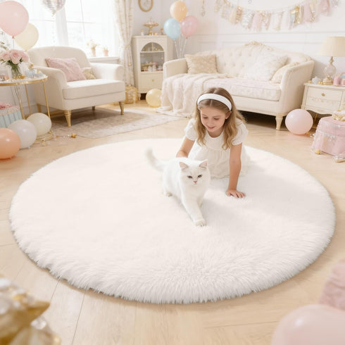 OLANLY Ivory Round Rugs for Bedroom - Machine Washable, 4 ft Circle