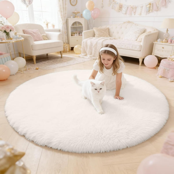 OLANLY Ivory Round Rugs for Bedroom - Machine Washable, 4 ft Circle