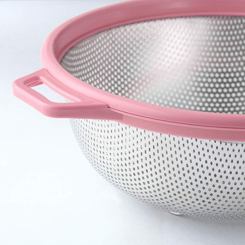 Large Stainless Steel Colander with Handle and Legs, Pink Strainer for Pasta, Veggies, Fruits, 5-quart Kitchen Mesh