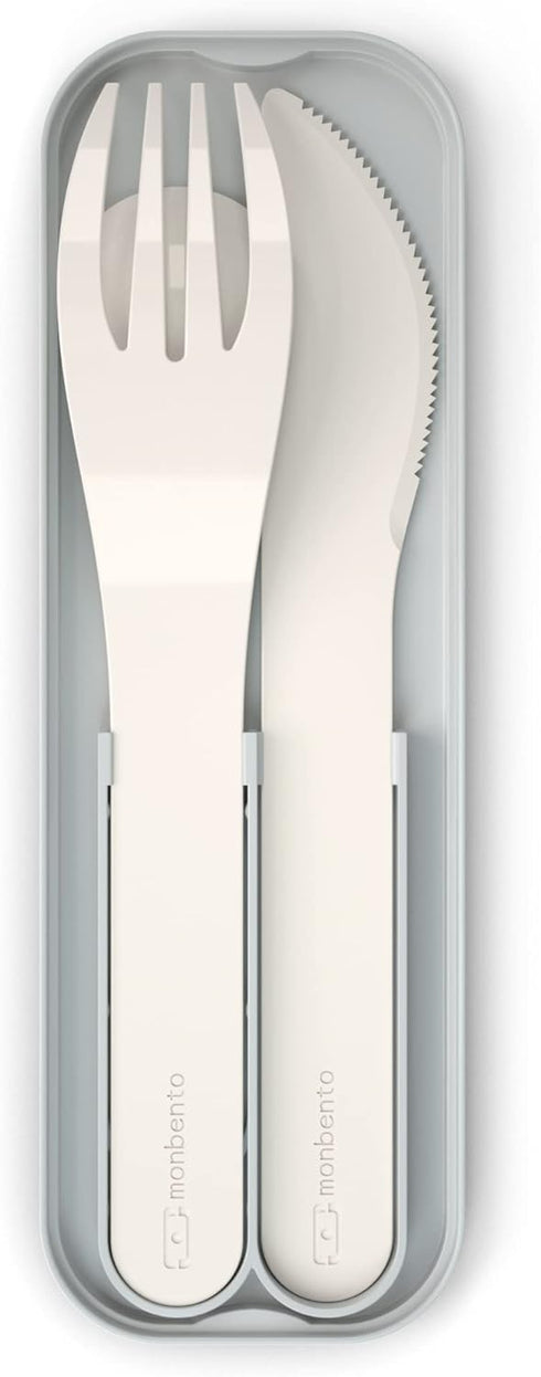 MONBENTO - Cutlery Set for Lunch Box MB Pocket Natural - 3 Pieces Fork Knife Spoon - Flatware Set for Work/School Lunch Packing - Biodegradable Plastic - Cream by monbento