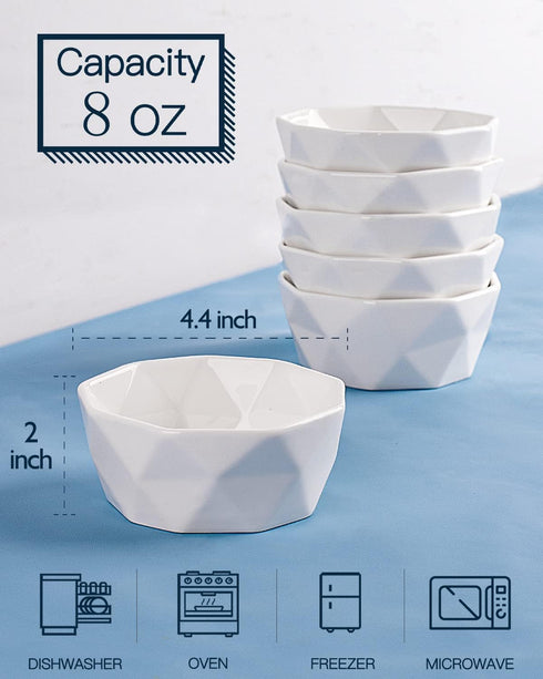 DELLING 8 oz Ramekins Set of 6, Porcelain Geometric Style for Baking Souffle, Ice Cream, Snack, Charcuterie Bowls, Oven