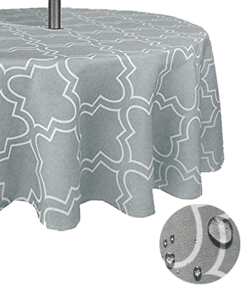 Tektrum 60 inch Round Moroccan Quatrefoil Outdoor Tablecloth with Umbrella Hole, Spill Proof Zippered Table Cover