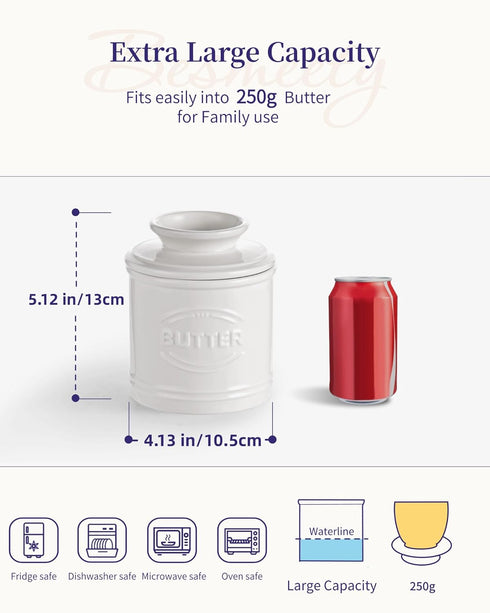 250g 5.12" Countertop, Besmeety Butter Crock, Large Butter Dish with Lid for Suit For Housewarming (White, Extra Large)
