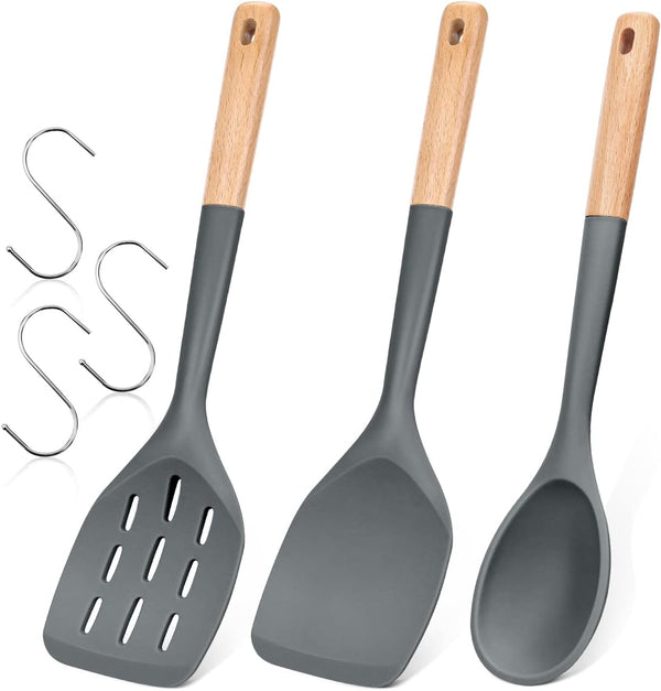 Pack of 3 Silicone Spatula - Non Stick Cooking Utensil Set - Wooden Handle Kitchen Turner for Baking