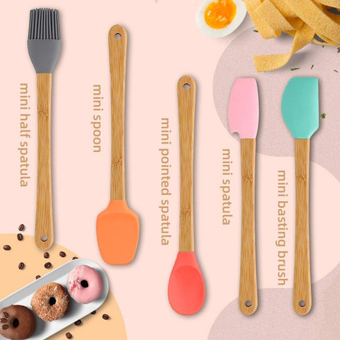 5 Piece Silicone Spatula Set, Mini Rubber Spatula with Wooden Handle, Heat Resistant Kitchen Utensils for Baking