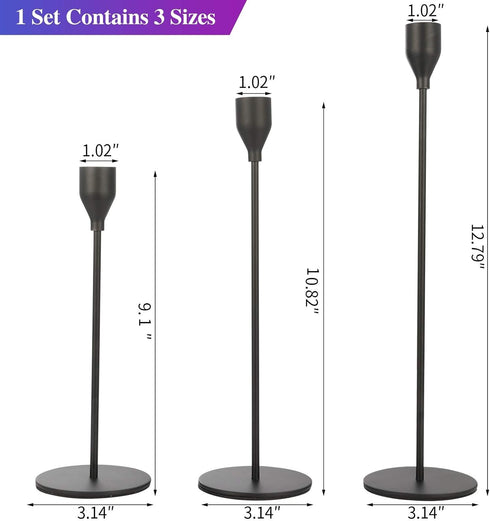 Set of 3 Black Candlestick Holders – Decorative Taper Candle Holders for Home Decor, Wedding, Dining, and Party