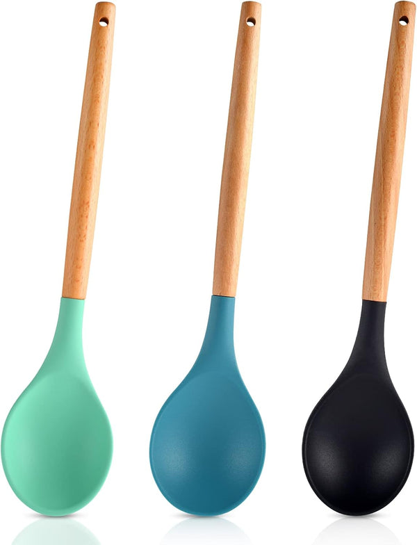 3 Pcs Large Silicone Spoon with Wooden Handle, Mixing Spoons for Cooking Baking Stirring, Nonstick Heat-Resistant