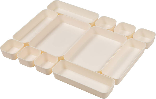 Backerysupply Set of 12 Beige Plastic Desk Drawer Organizers, Makeup Bathroom Office Kitchen Vanity Storage Box