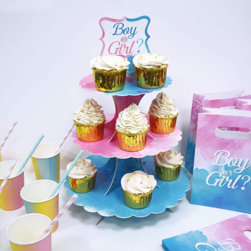 Gender Reveal Cupcake Stand, 3 Tier Cardboard Cake Stand for Blue and Pink Party Decorations
