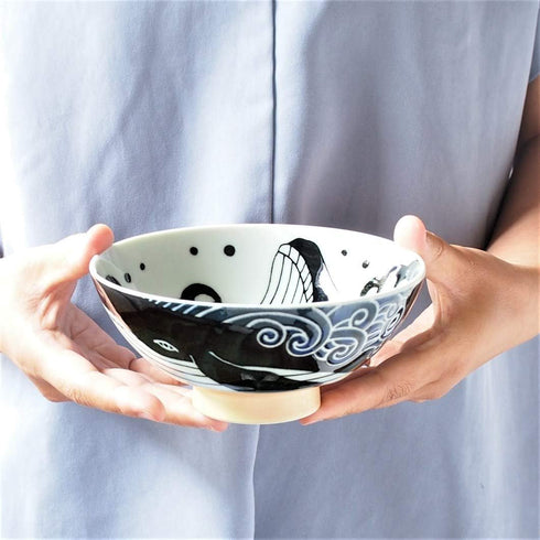 Minorutouki Extra Large Rice Bowl - White Wave Whale Blue, f5.8×H2.6in, 7.76oz, Made in Japan