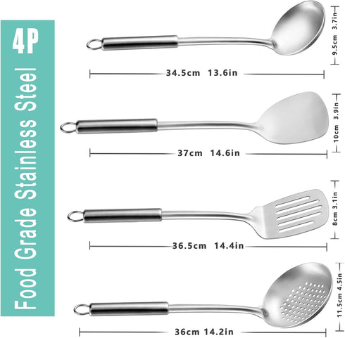 Pleafind 4-Pcs Cooking Utensils Set, Stainless Steel Kitchen Utensils, Wok Utensils Set Include Wok Ladle, Slotted Spoon, Wok Spatula and Slotted Spatula, Dishwasher Safe by Pleafind