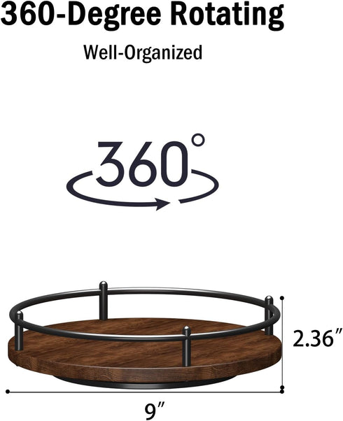 Lazy Susan Organizer, 9 Inch Rotating Spice Rack for Kitchen Countertop, Round Wooden Turntable Holder (Black)