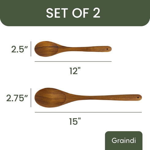 Wooden Cooking Spoons Set of 2 (12" & 15") | Teak Wood, Non-Stick & Non-Scratch Kitchen Cookware