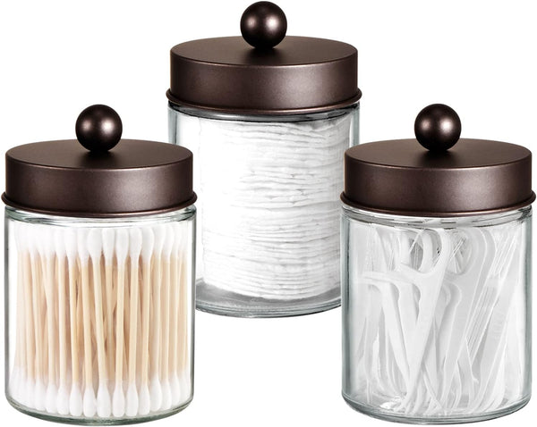 Apothecary Jar Canisters for Bathroom Vanity, Qtip Holder Storage Organizer with Stainless Steel Lids & Cute Stickers,