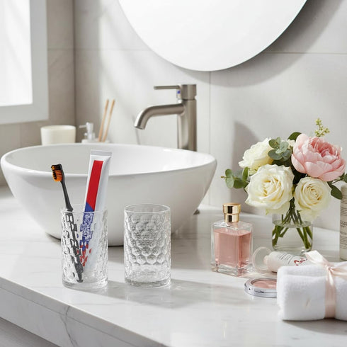 Tonxus Set, 11oz Set, Countertop Bathroom Toothbrush Holder Clear Glass Toothbrush Holder and Bathroom Tumbler Cup